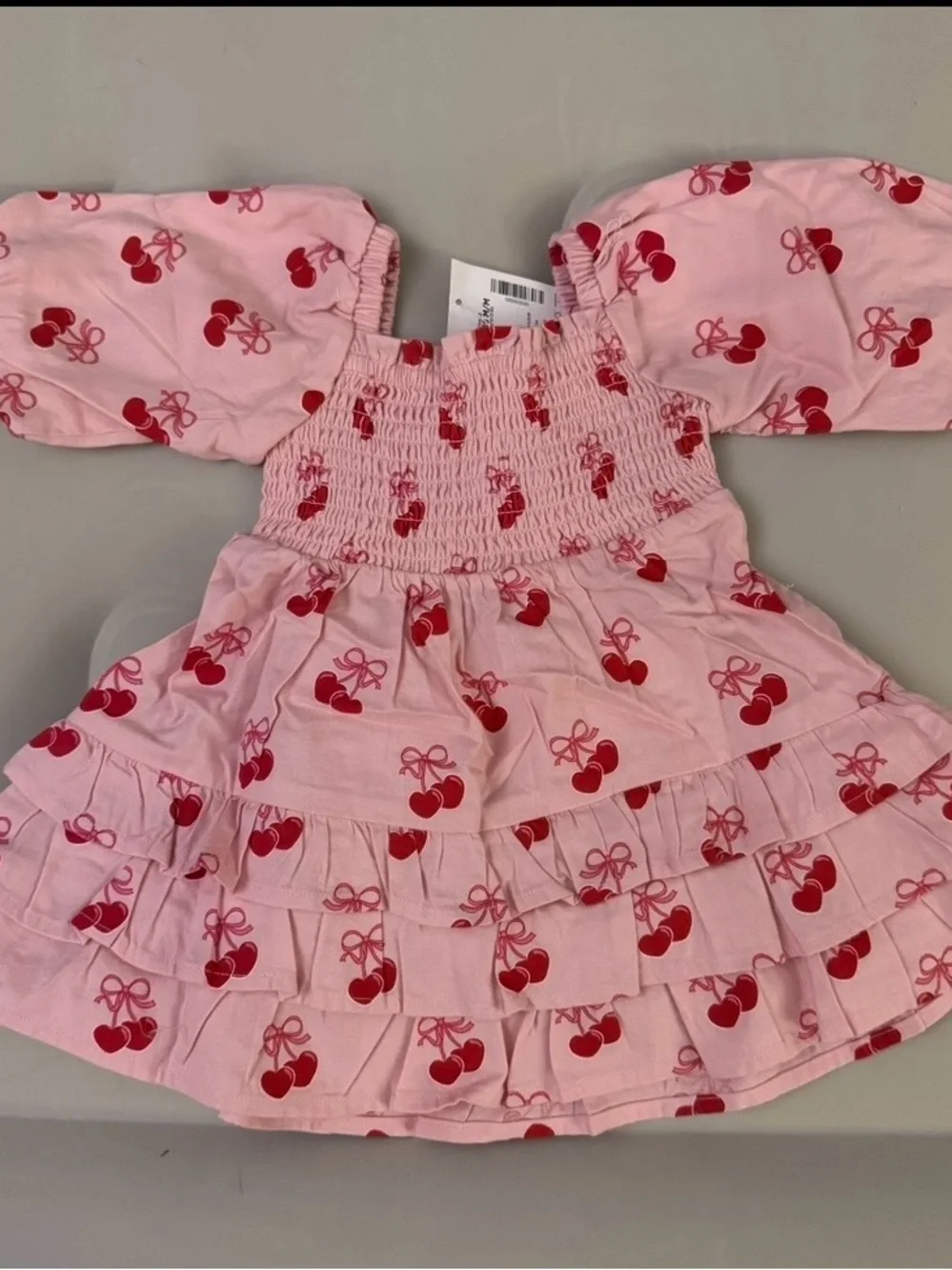 Girls Pink Cherry Print Tiered Dress